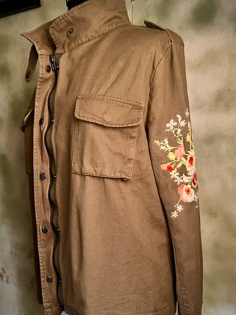 Eye of the Needle Olive Floral Embroidered Military Utility Jacket Small